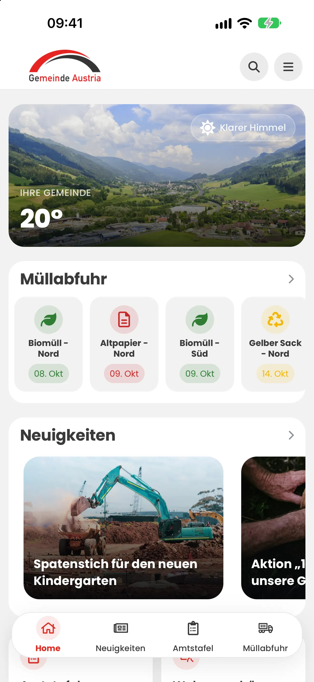 Gemeinde Austria App: Startseite mit Wetter, Neuigkeiten und Schnellzugriffen