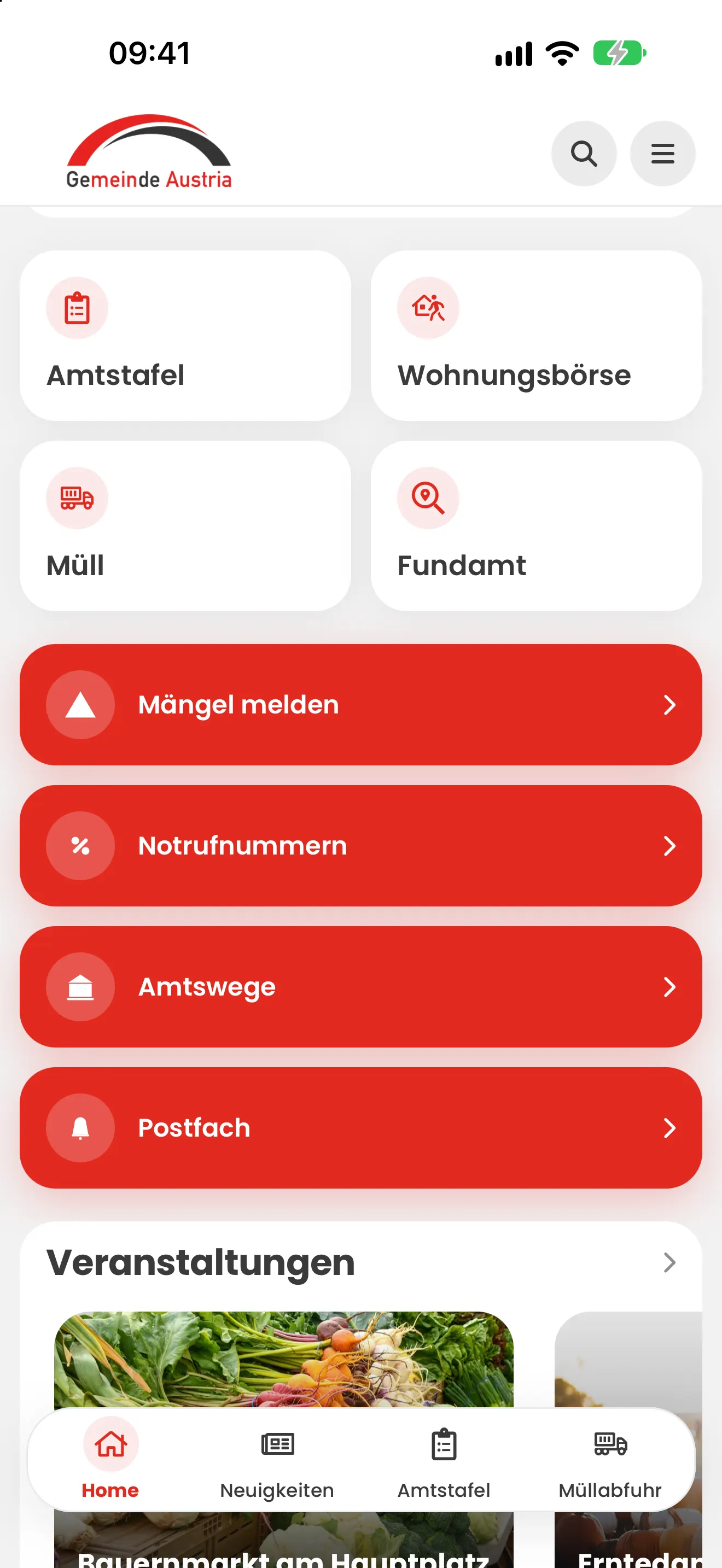 Gemeinde Austria App: Startseite