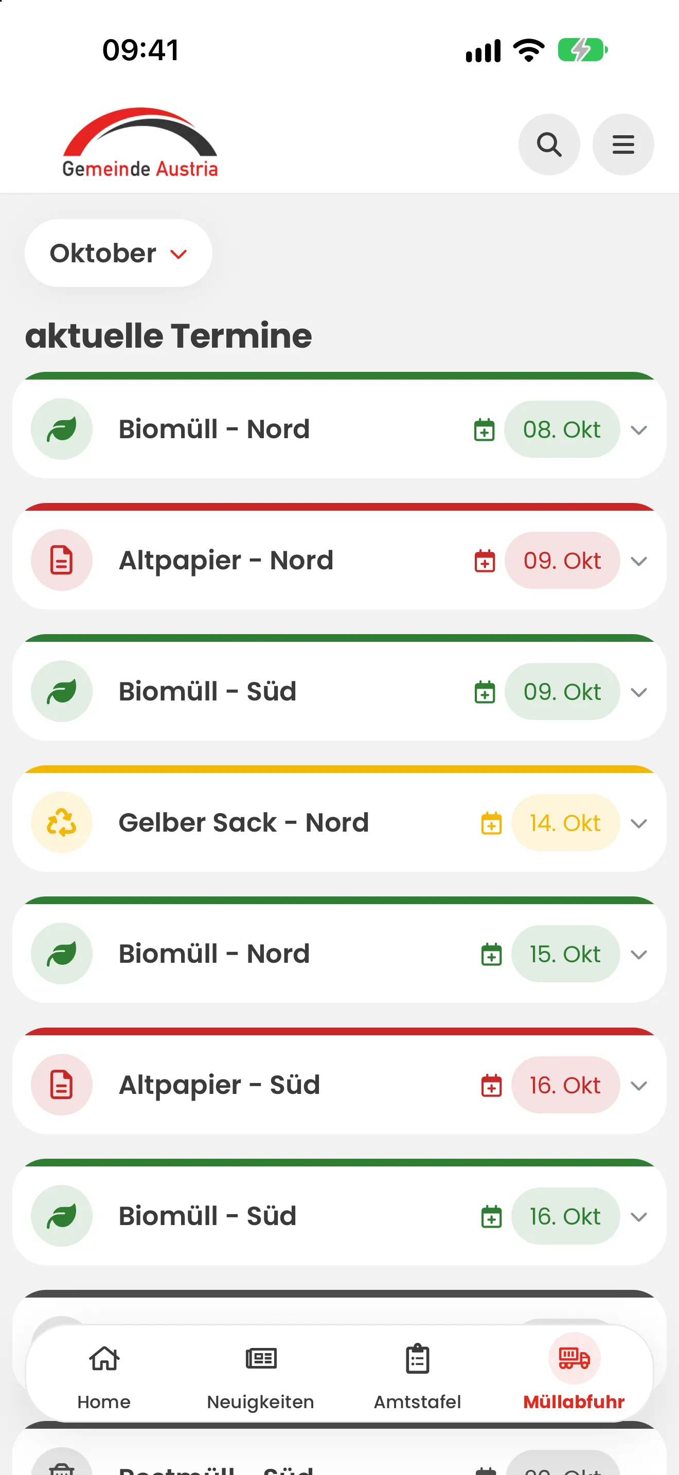 Gemeinde Austria App: Müllkalender mit Abfuhrterminen nach Zone
